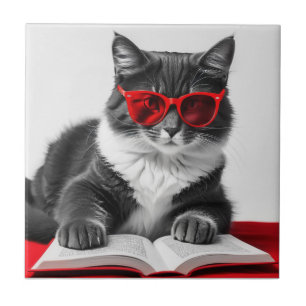 Cat Reading Book Ceramic Tile