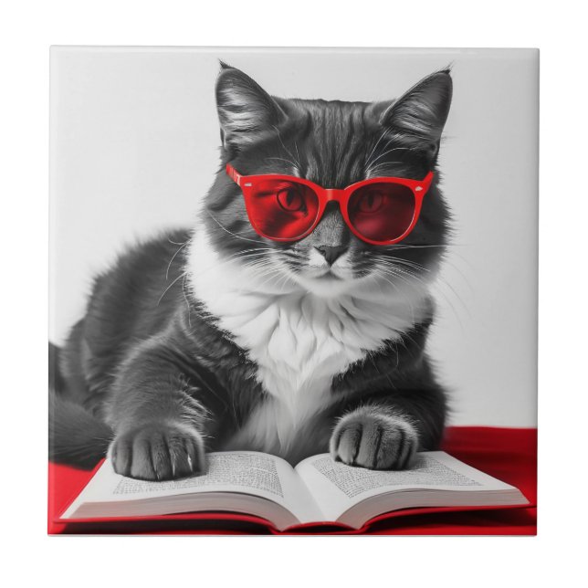 Cat Reading Book Ceramic Tile (Front)