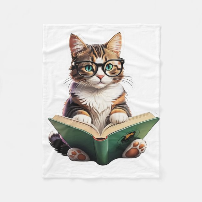 Cat Reading Book  Fleece Blanket (Front)