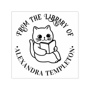 Cat Reading Book “From the Library of” Name Self-inking Stamp