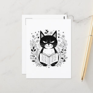 Cat reading book postcard