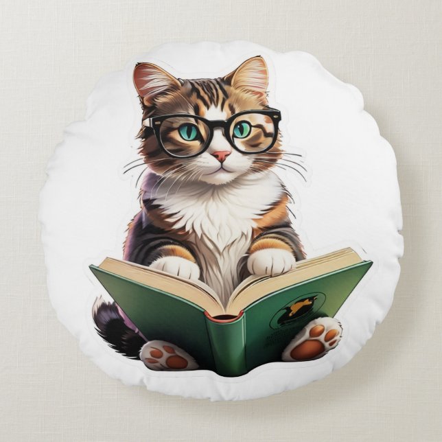 Cat Reading Book  Round Cushion (Front)