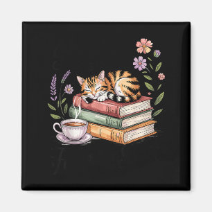 Cat reading books coffee lover cute graphic man magnet