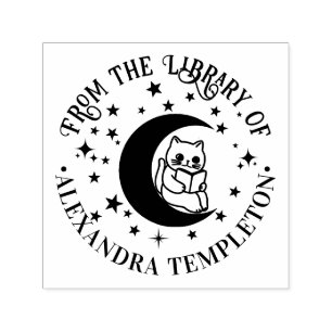 Cat Reading, Crescent Moon Stars Library Book Name Self-inking Stamp
