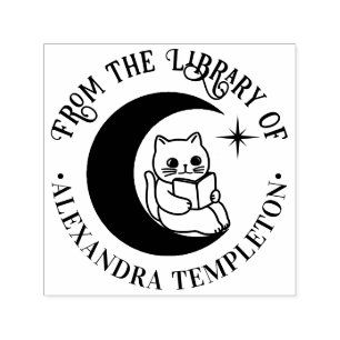 Cat Reading in a Crescent Moon Library Book Name Self-inking Stamp