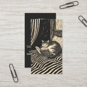 cat reading in bed business card