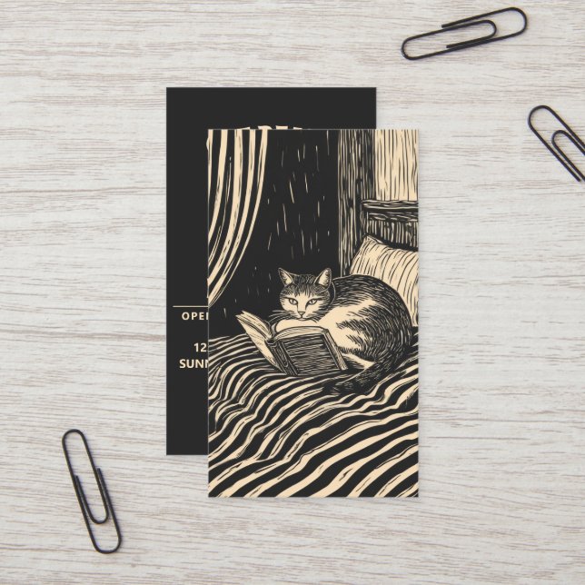 cat reading in bed business card (Front/Back In Situ)