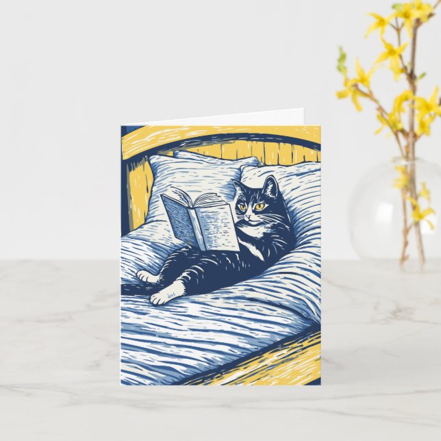 cat reading in bed card (Yellow Flower)