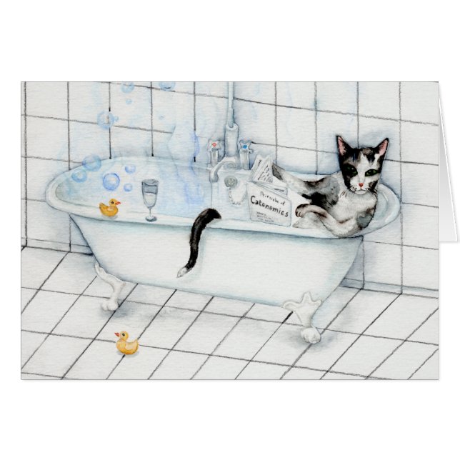 Cat reading newspaper in the bathtub (Front Horizontal)