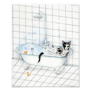 Cat reading newspaper in the bathtub. photo print