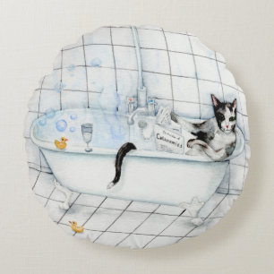 Cat reading newspaper in the bathtub round cushion