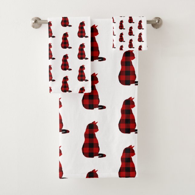Cat Red Plaid Pattern Bath Towel Set (Insitu)