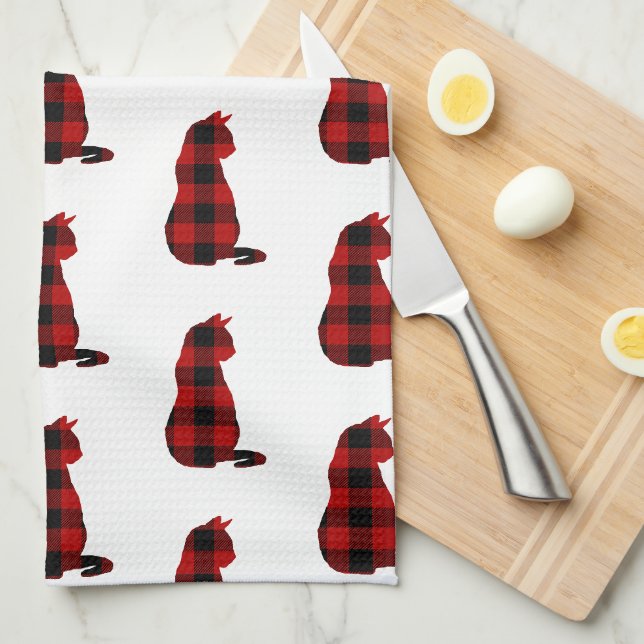 Cat Red Plaid Pattern Tea Towel (Quarter Fold)