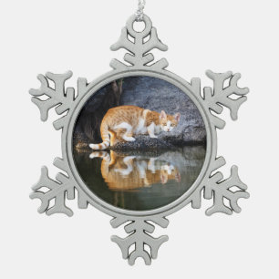 Cat Reflection in Pond Water Funny Photo - Snowflake Pewter Christmas Ornament