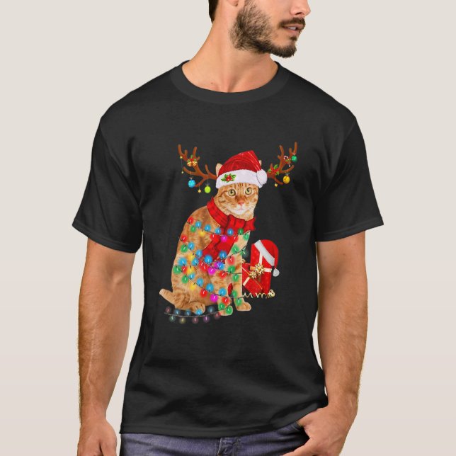 Cat Reindeer Santa Hat Christmas Light Animal Xmas T-Shirt (Front)
