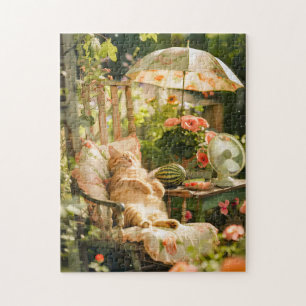 Cat Relaxing in Deck Chair Under Sun Umbrella Jigsaw Puzzle