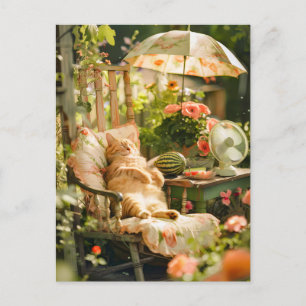 Cat Relaxing in Deck Chair Under Sun Umbrella Postcard