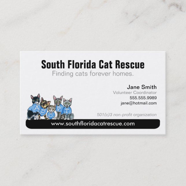 Cat Rescue Non Profit Black Tagline Business Card (Front)