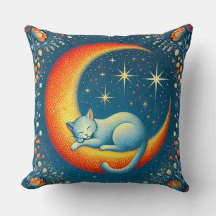 Cat Resting on a Crescent Moon at Night Cushion