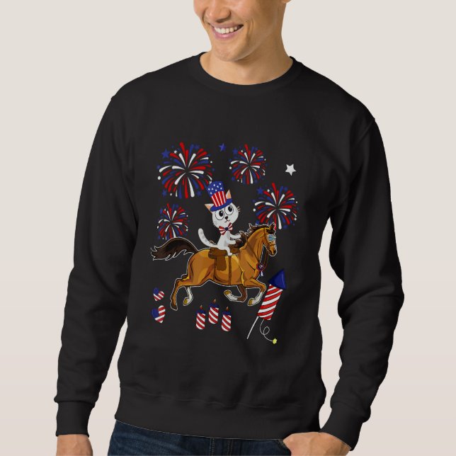 Cat Ridding Horse Sunglasses 4th Of July American  Sweatshirt (Front)