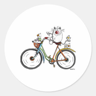 Cat rides a colourful bike - Cats - Gift - Funny Classic Round Sticker