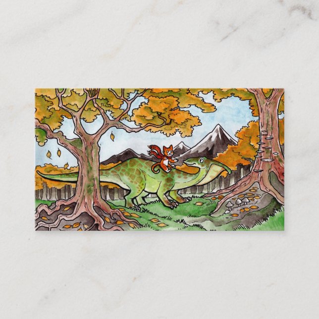 Cat Rides a Dinosaur Business Card (Front)