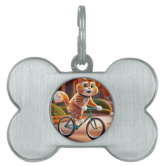 Cat riding a bicycle pet ID tag (Front)