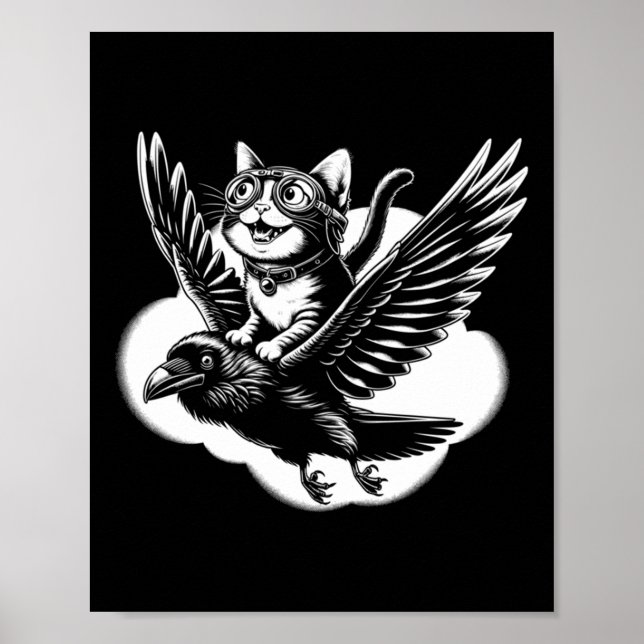 Cat Riding A Crow _ Cat On Flying Raven Funny Pull Poster (Front)