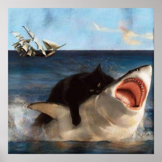 Cat Riding a Shark Poster (Front)
