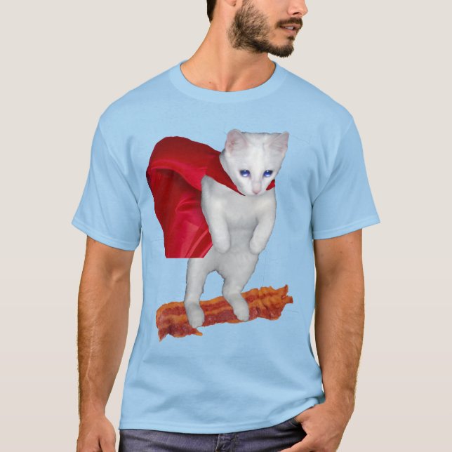 Cat Riding Bacon With Superhero Cape T-Shirt (Front)