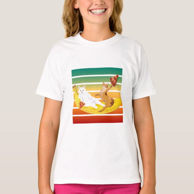 Cat riding banana and holding pizza retro T-Shirt (Front)