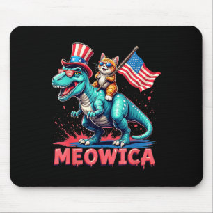 Cat Riding Dinosaur 4th Of July Meowica American F Mouse Pad
