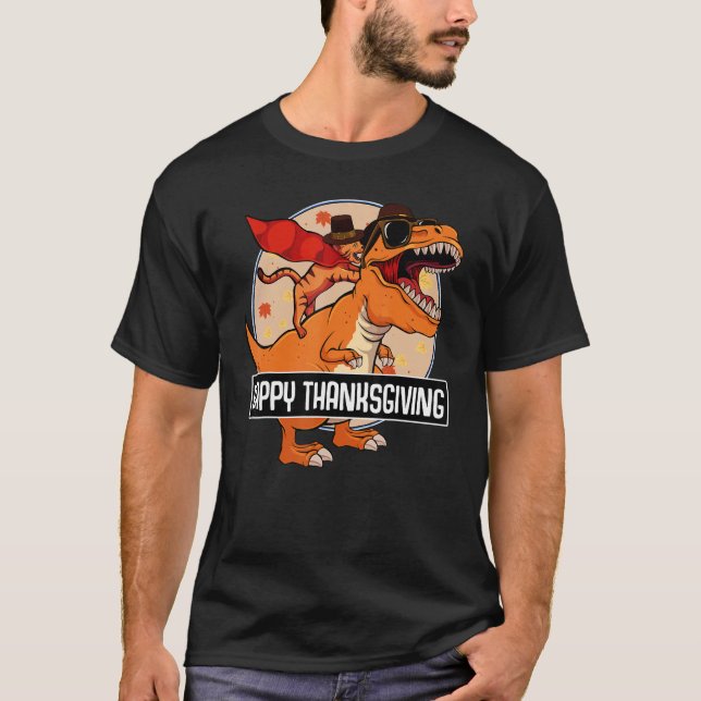Cat Riding Dinosaur Happy Thanksgiving Day Cute re T-Shirt (Front)