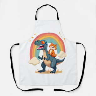 Cat Riding Dinosaur T-Rex Kitten Rainbow Dino Funn Apron