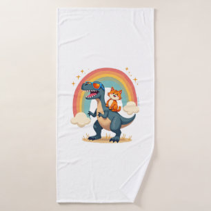 Cat Riding Dinosaur T-Rex Kitten Rainbow Dino Funn Bath Towel