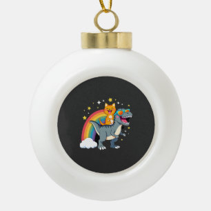 Cat Riding Dinosaur T-Rex Kitten Rainbow Dino Funn Ceramic Ball Christmas Ornament