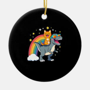 Cat Riding Dinosaur T-Rex Kitten Rainbow Dino Funn Ceramic Ornament