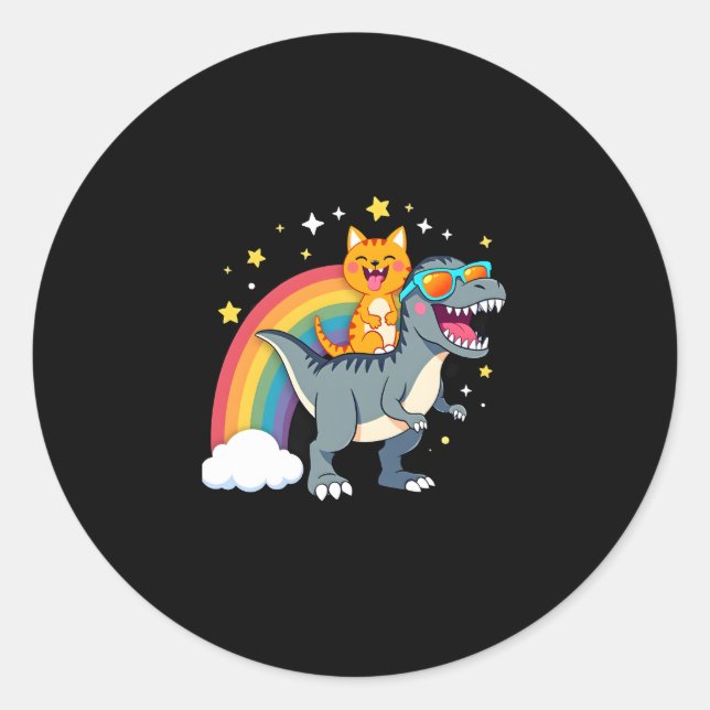 Cat Riding Dinosaur T-Rex Kitten Rainbow Dino Funn Classic Round Sticker (Front)