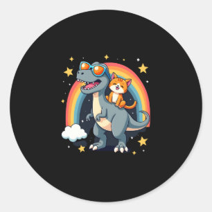 Cat Riding Dinosaur T-Rex Kitten Rainbow Dino Funn Classic Round Sticker
