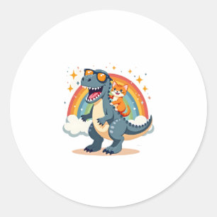 Cat Riding Dinosaur T-Rex Kitten Rainbow Dino Funn Classic Round Sticker