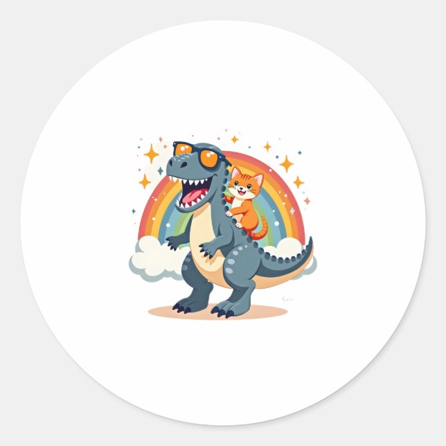 Cat Riding Dinosaur T-Rex Kitten Rainbow Dino Funn Classic Round Sticker (Front)