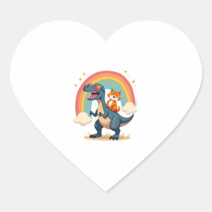 Cat Riding Dinosaur T-Rex Kitten Rainbow Dino Funn Heart Sticker