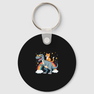 Cat Riding Dinosaur T-Rex Kitten Rainbow Dino Funn Key Ring