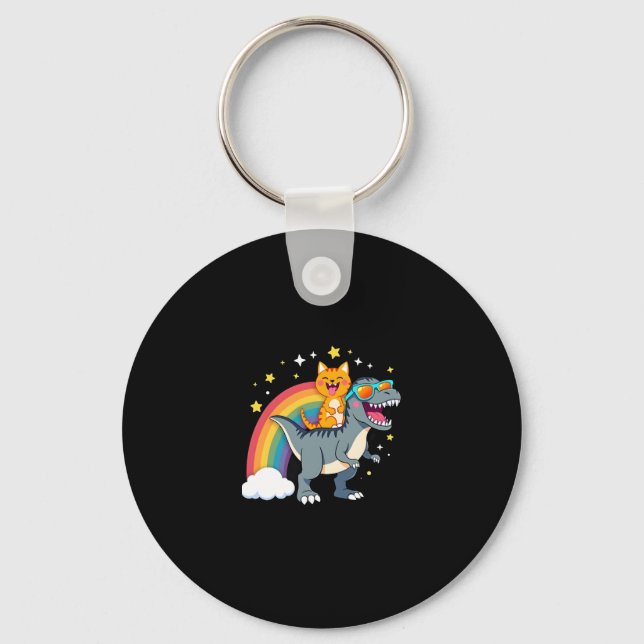Cat Riding Dinosaur T-Rex Kitten Rainbow Dino Funn Key Ring (Front)