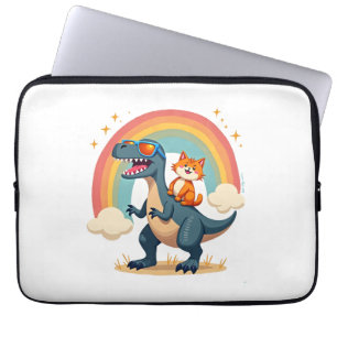 Cat Riding Dinosaur T-Rex Kitten Rainbow Dino Funn Laptop Sleeve