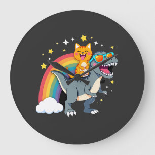 Cat Riding Dinosaur T-Rex Kitten Rainbow Dino Funn Large Clock