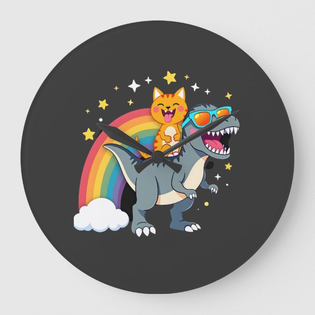 Cat Riding Dinosaur T-Rex Kitten Rainbow Dino Funn Large Clock (Front)
