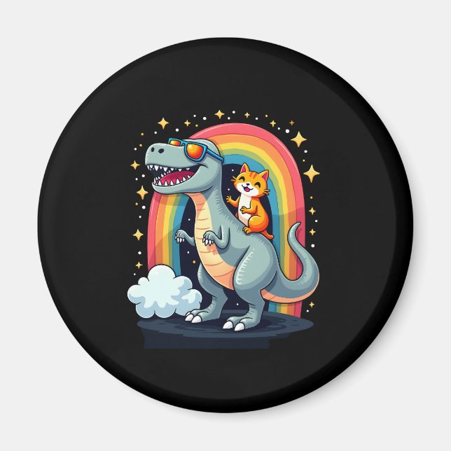 Cat Riding Dinosaur T-Rex Kitten Rainbow Dino Funn Magnet (Front)
