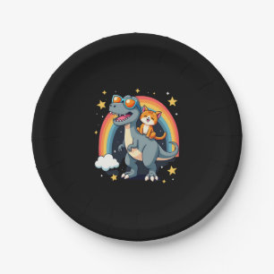 Cat Riding Dinosaur T-Rex Kitten Rainbow Dino Funn Paper Plate