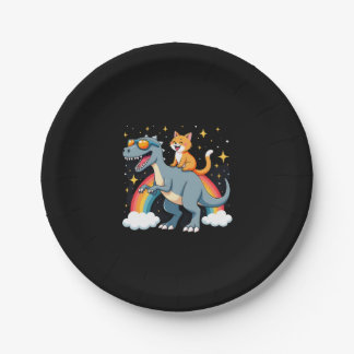 Cat Riding Dinosaur T-Rex Kitten Rainbow Dino Funn Paper Plate